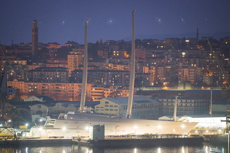 Mr Melnichenko's sailing yacht in Trieste, Italy, on March 10, 2022. It is the largest private sail-assisted motor yacht in the world. AFP