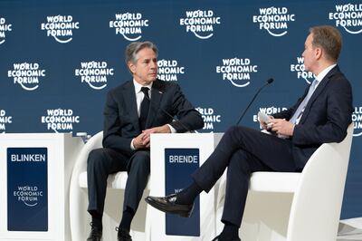 US Secretary of State Antony Blinken, left, and World Economic Forum president Borge Brende in discussion during the WEF special meeting in Riyadh. EPA