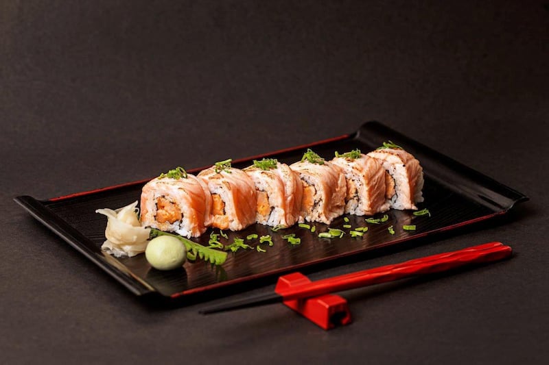 Fresh fish and ingredients are a big draw of Japanese food in India. Seen here, salmon rolls at Sushi and More 