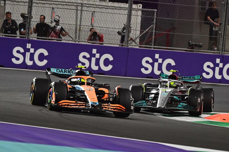 Lando Norris and Lewis Hamilton race during the Saudi Arabia Grand Prix. AFP