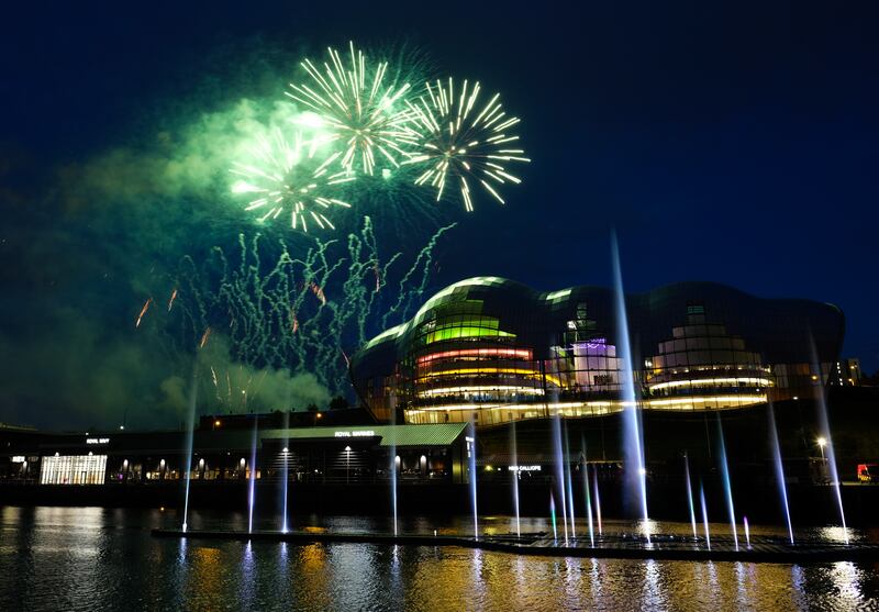 A water fountain art installation, music and firework displays at the opening ceremony of the 2018 Great Exhibition of the North in Newcastle. Getty Images