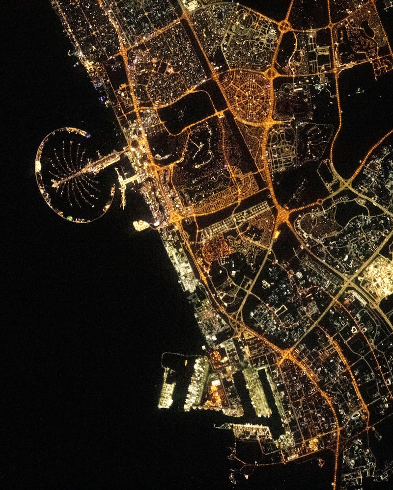 An image of Dubai at night captured by Dr Al Neyadi on May 3, 2023. The photo shows Palm Jumeirah, Jebel Ali Industrial area and large parts of residential areas in Dubai.