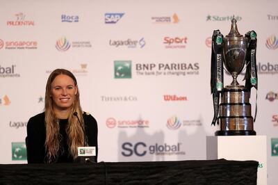 SINGAPORE - OCTOBER 20:  Caroline Wozniacki of Denmark fields questions from the media at a press conference for the BNP Paribas WTA Finals Singapore presented by SC Global at the Marina Bay Sands Hotel on October 20, 2018 in Singapore.  (Photo by Matthew Stockman/Getty Images)