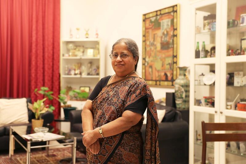 DUBAI , UNITED ARAB EMIRATES , March 27 – 2019 :- Rosy George, believed to be the longest serving school teacher ( 40 years ) for the Indian High School in Dubai at her home in the Karama area in Dubai. ( Pawan Singh / The National ) For News. Story by Anna