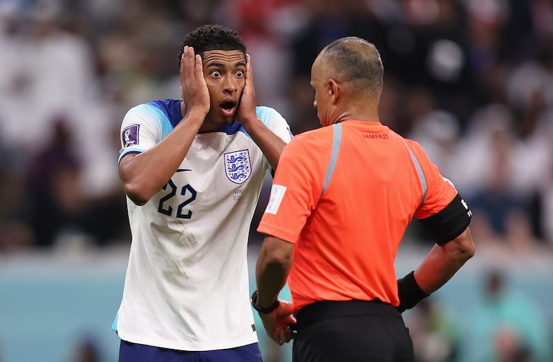 Jude Bellingham of England reacts to a refereeing decision. Getty