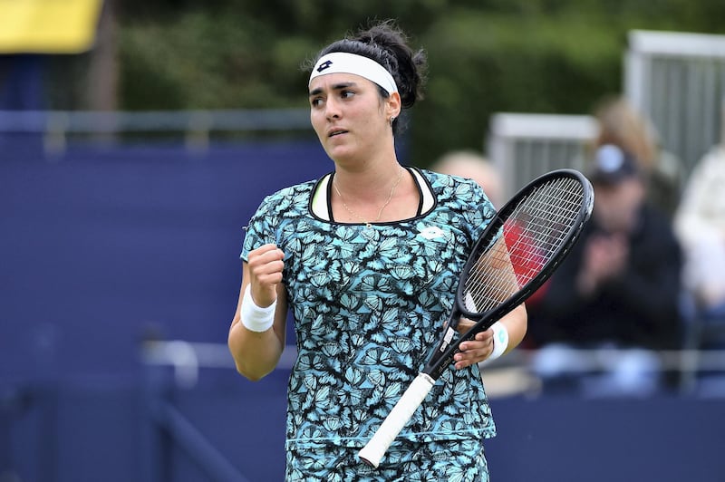 MANCHESTER, ENGLAND - JUNE 17:  Ons Jabeur of Tunisia celebrates victory in the Womens Singles Final during Finals Day of the Fuzion 100 Manchester Trophy at The Northern Lawn Tennis Club on June 17, 2018 in Manchester, United Kingdom.  (Photo by Nathan Stirk/Getty Images for LTA)