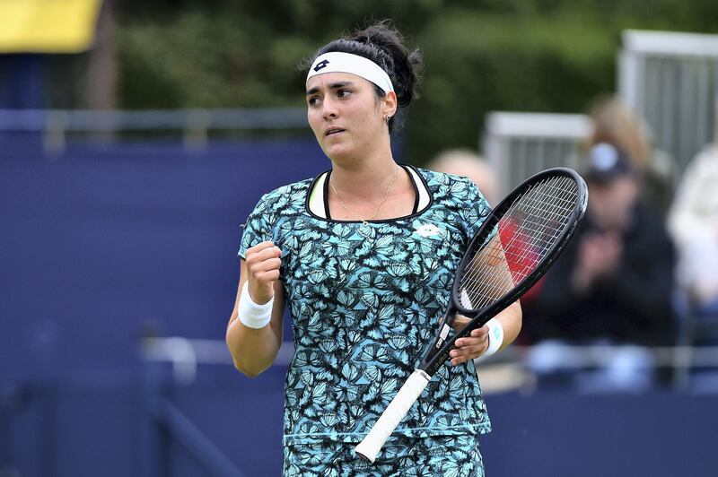 MANCHESTER, ENGLAND - JUNE 17:  Ons Jabeur of Tunisia celebrates victory in the Womens Singles Final during Finals Day of the Fuzion 100 Manchester Trophy at The Northern Lawn Tennis Club on June 17, 2018 in Manchester, United Kingdom.  (Photo by Nathan Stirk/Getty Images for LTA)