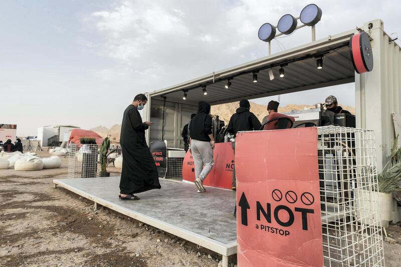 SHARJAH, UNITED ARAB EMIRATES. 21 FEBRUARY 2021. Not A Space is a cool new pop-up location in the Al Faya Desert of Sharjah where people can go to enjoy a coffee and a bite to eat. (Photo: Antonie Robertson/The National) Journalist: Hayley Skirka. Section: National.
