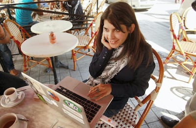 Tunisian blogger Lina Ben Mhenni, who has been tipped for the 2011 Nobel Peace Prize, works on her computer at  a cafe in Tunis October 6, 2011. The 2011 Nobel Peace Prize may recognise activists who helped unleash the revolutionary wave that swept through North Africa and the Middle East during the Arab Spring, and Lina Ben Mhenni may be among those in line for the award when announced on Oct. 7, one analyst said. 
REUTERS/Zoubeir Souissi (TUNISIA - Tags: POLITICS SOCIETY TPX IMAGES OF THE DAY)