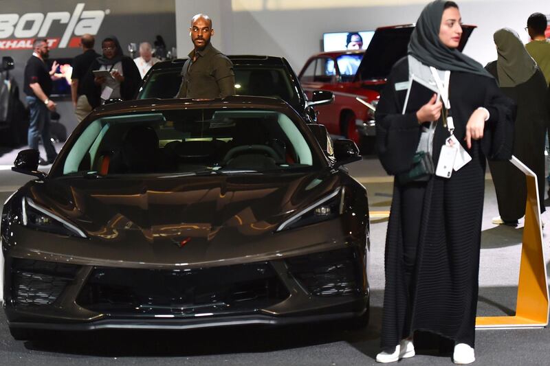 A Corvette luxury car is displayed at a special exhibition during the Riyadh Motor Show at Al-Janadriyah village in the Saudi capital. AFP
