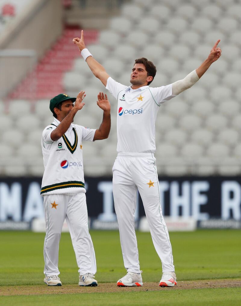 Pakistan bowler Shaheen Afridi celebrates the wicket of England opener Rory Burns. Getty