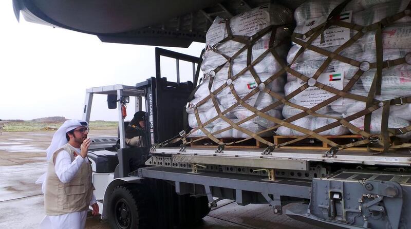 Khalifa bin Zayed Al Nahyan Foundation sends 100 tonnes of food supplies for the Yemenis in the cyclone-struck Socotra Island which is affected by cyclone Chapala and Megh.