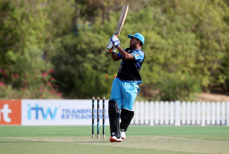 Dubai, United Arab Emirates - Reporter: N/A. Sport. Cricket. ECB Blues' Muhammad Usman is bowled by Dubai's Shafaqat Ali during the match between the ECB Blues and Dubai in the Emirates D10. Friday, July 24th, 2020. Dubai. Chris Whiteoak / The National