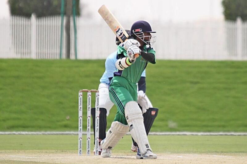 Jonathan Figy on his ​way to 101 not out against ICC Warriors in the ARCH Trophy U19 opener at The Sevens grounds in Dubai. Amith Passela/The National