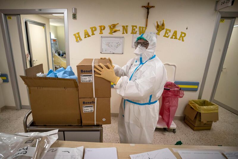 A healthcare worker works at the Covid-19 Emergency Ward of the San Filippo Neri Hospital in Rome, Italy. EPA
