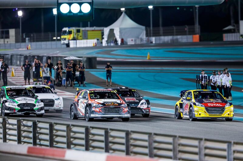 Abu Dhabi, April 6,2019.  FIA World Rallycross Championship at the Abu Dhabi, YAS Marina Circuit. --Final Race- Kevin HANSEN (SWE) Team Hansen MJP leads the first few laps but eventually gets overtaken midway through the race by Niclas Gronholm (FIN) of GRX Taneco who takes the win. 
Victor Besa/The National.
Section:  SP
Reporter:  Amith Passela