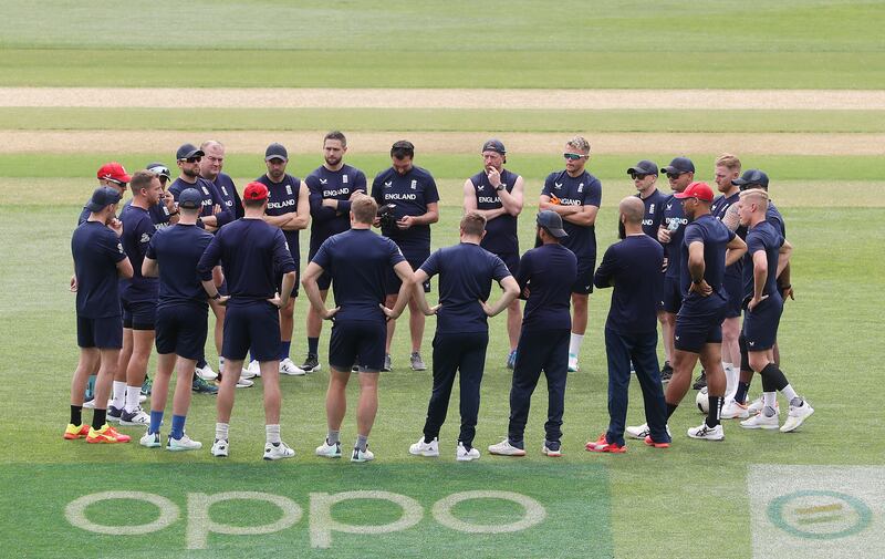 England players have a team meeting during a training session at Adelaide Oval. Getty
