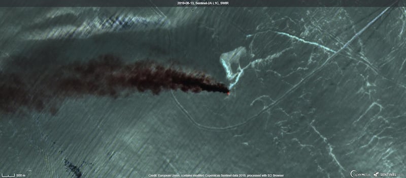 Sentinel satellite image shows a plume of smoke coming from the Front Altair tanker. Reuters