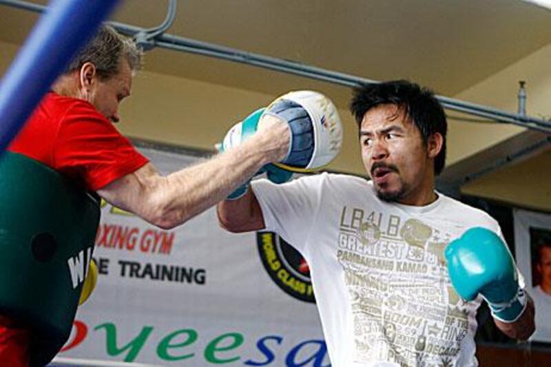 Manny Pacquiao at his training camp in Baguio in the northern Philippines as he prepares to face ‘Sugar’ Shane Mosley in Las Vegas on May 7.