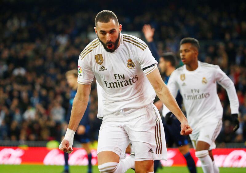 Real Madrid's Karim Benzema is delighted with the equaliser. Reuters