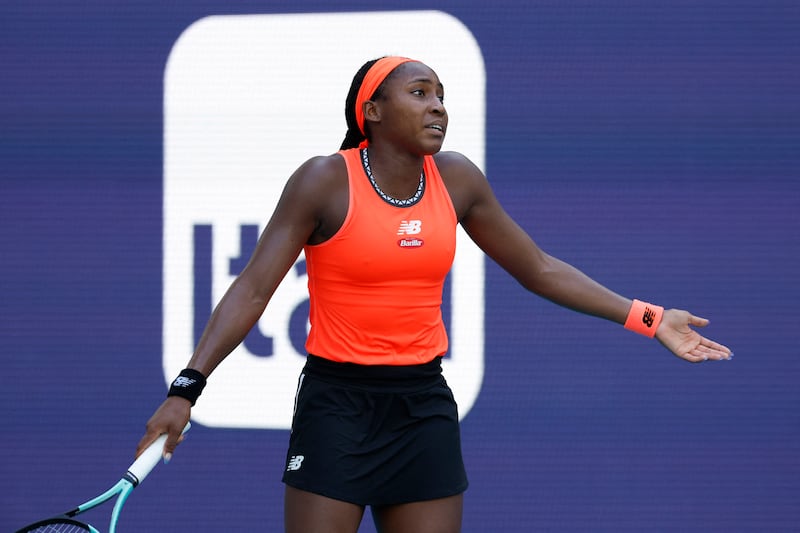 Coco Gauff after losing a point during her Miami Open defeat against Anastasia Potopovaat the Hard Rock Stadium. USA TODAY Sports
