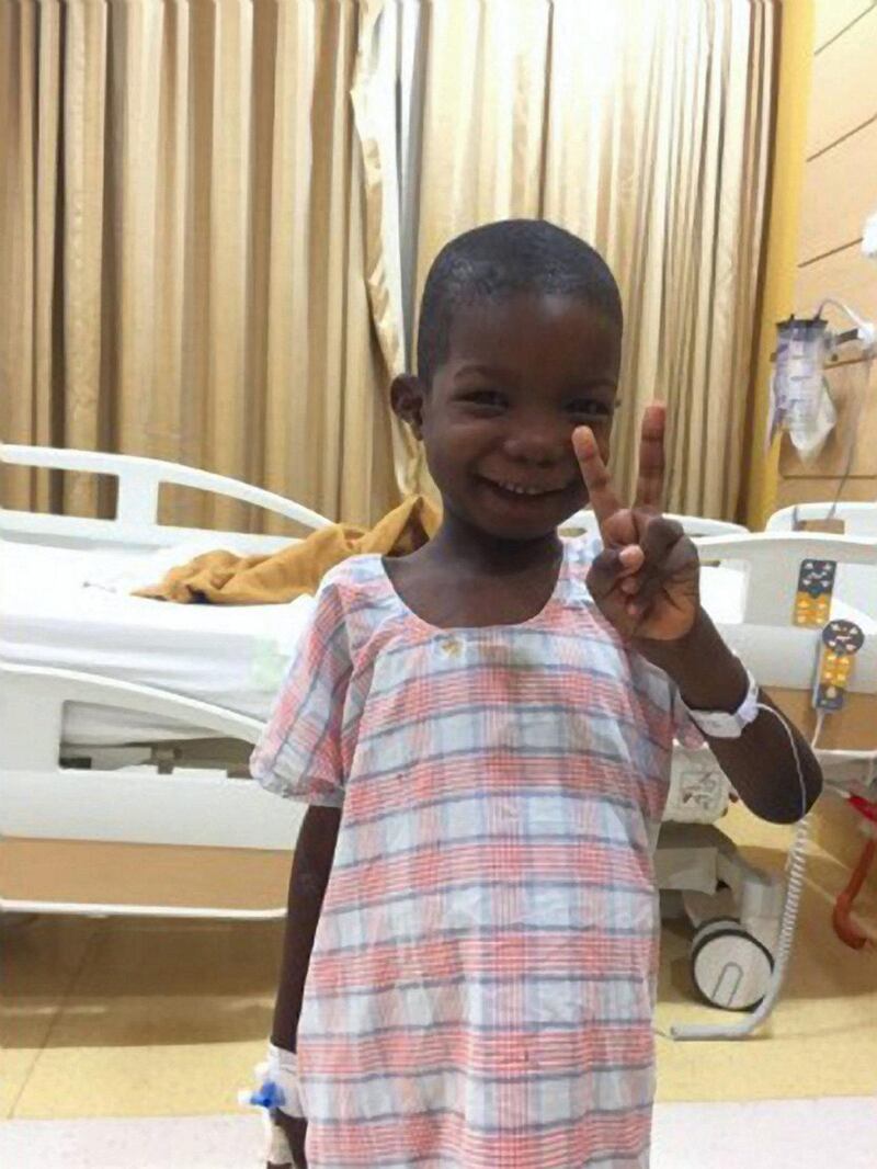 A six-year-old boy has undergone life-changing spinal surgery at Zulekha Hospital in Sharjah, enabling him to walk again after three years. Ali, from Nigeria, was run over by a vehicle during an attack by an extremist group in 2014. Courtesy: WAM