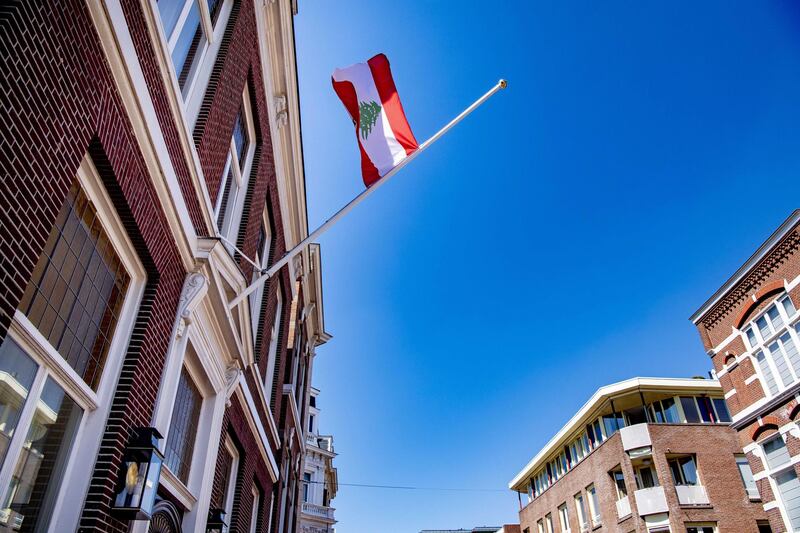 The flag hangs at half-mast at the Embassy of Lebanon in The Hague, The Netherlands.  EPA
