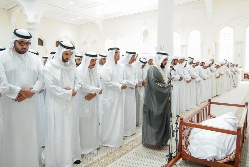 Rulers of Ras Al Khaimah and Umm Al Quwain perform funeral prayers on Saqr bin Tariq bin Kayed Al Qasimi. WAM                               