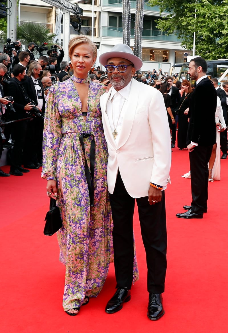 Spike Lee and Tonya Lewis Lee attends the screening of 'The French Dispatch' at the 74th annual Cannes Film Festival on July 12, 2021