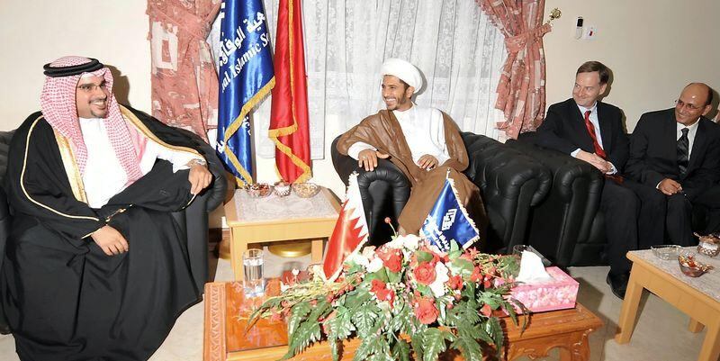 Crown prince, Sheikh Salman bin Hamad Al Khalifa, left, seen with Al Wefaq secretary general, MP Sheikh Ali Salman ,2nd from left, at Al Wefaq majlis on Sunday.