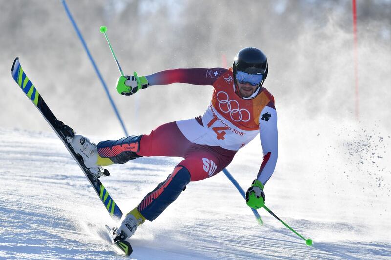 Switzerland's Luca Aerni competes in the Men's Slalom at the Yongpyong Alpine Centre during the Pyeongchang 2018 Winter Olympic Games in Pyeongchang on February 22, 2018. Dimitar Dilkoff / AFP