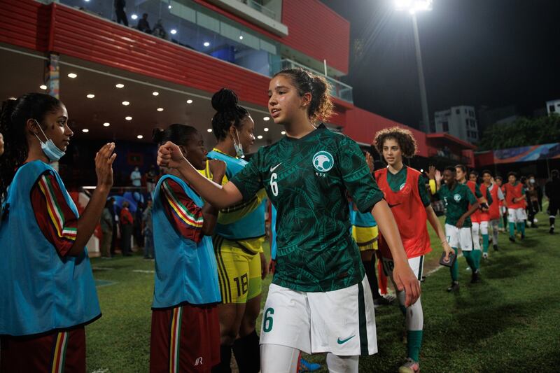 Saudi Arabia celebrate their win against Seychelles. Photo: SAFF