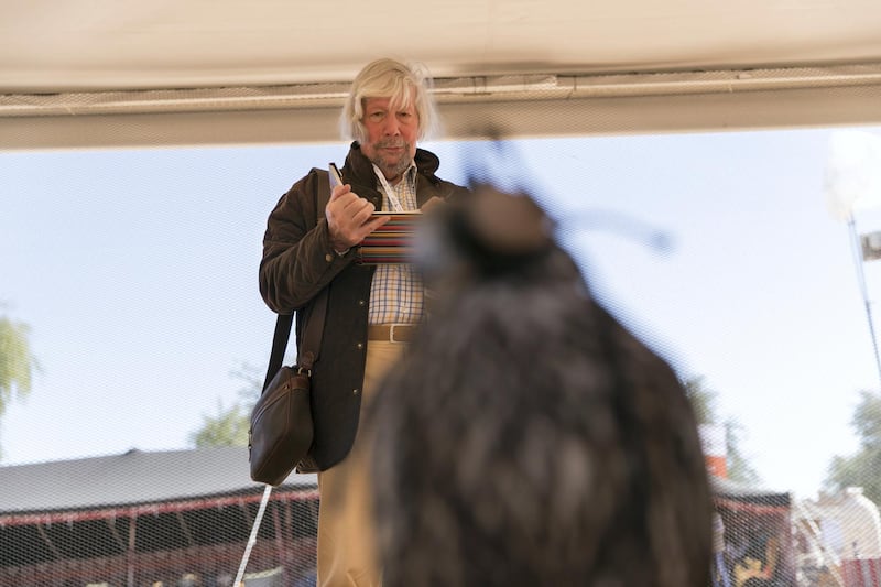 ABU DHABI, UNITED ARAB EMIRATES - DEC 6, 2017

Falconer Peter Upton, from the United Kingdom, sketches in his notebook, at the fourth International Festival of Falconry. 

Peter is one of the original 27 falconers that were in Abu Dhabi in 1976 to receive Sheikh Zayed's invitation to falconers from around the world to convene in the desert of Abu Dhabi and build a strategy for the sport’s development.

(Photo by Reem Mohammed/The National)

Reporter: Anna Zacharias
Section: NA
