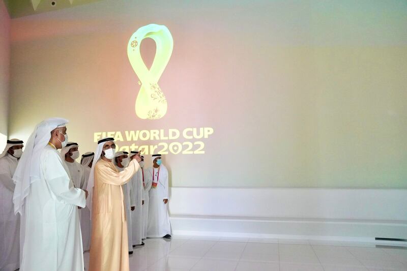 Sheikh Mohammed bin Rashid, Vice President and Ruler of Dubai, and  Sheikh Hamdan bin Mohammed, Crown Prince of Dubai, visit the Qatari pavilion at Expo 2020 Dubai. Photo: Dubai Media Office Twitter account