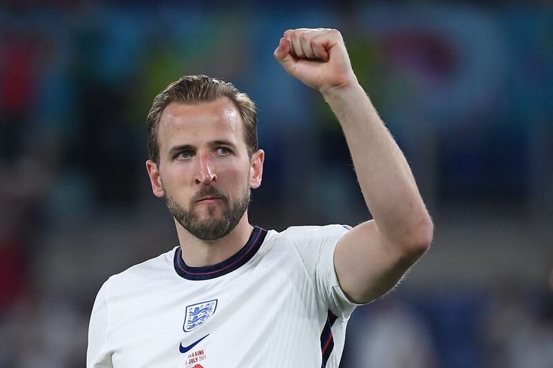England captain Harry Kane celebrates reaching the semi-final of Euro 2020 after the 4-0 victory over Ukraine.