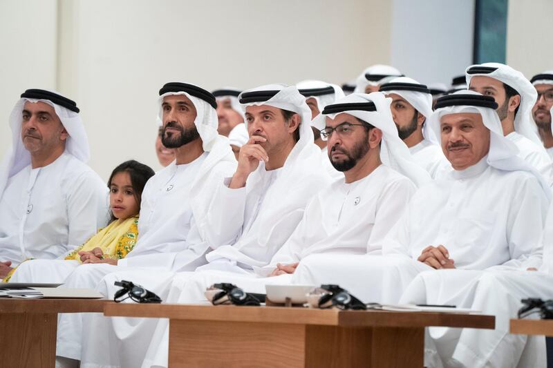 ABU DHABI, UNITED ARAB EMIRATES - May 27, 2019: (L-R) HH Lt General Sheikh Saif bin Zayed Al Nahyan, UAE Deputy Prime Minister and Minister of Interior, Rawdha bint Nahyan bin Zayed Al Nahyan, HH Sheikh Nahyan Bin Zayed Al Nahyan, Chairman of the Board of Trustees of Zayed bin Sultan Al Nahyan Charitable and Humanitarian Foundation, HH Sheikh Hazza bin Zayed Al Nahyan, Vice Chairman of the Abu Dhabi Executive Council, HH Sheikh Hamdan bin Zayed Al Nahyan, Ruler’s Representative in Al Dhafra Region and HE Dr Abdullatif Al Zayani, Secretary General of the Gulf Cooperation Council for the Arab States of the Gulf (GCC), attend a lecture by Professor Nina Tandon, CEO and Co-founder of EpiBone (not shown), titled: 'Cellular Ateliers: Regenerative Medicine and the Body Shop of the Future ', at Majlis Mohamed bin Zayed.

( Rashed Al Mansoori / Ministry of Presidential Affairs )
---
