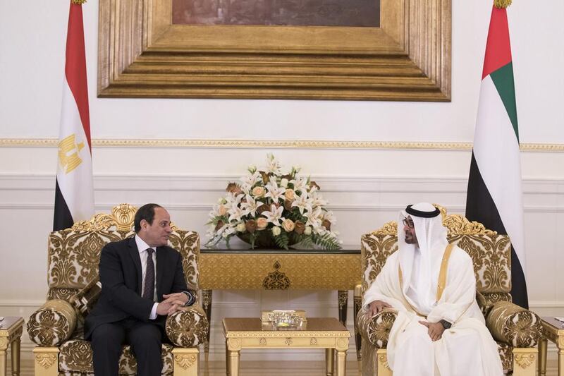 Sheikh Mohammed bin Zayed, Crown Prince of Abu Dhabi and Deputy Supreme Commander of the Armed Forces, meets with Abdel Fattah El Sisi, President of Egypt, at the Presidential Airport. Mohamed Al Hammadi / Crown Prince Court - Abu Dhabi