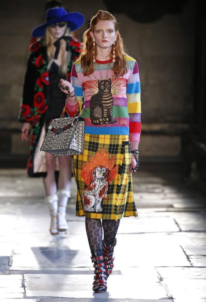 Tartan meets stripes with animal embroidery for Look 1 at the Gucci Cruise Collection 2017. Courtesy Gucci.
