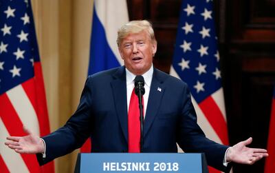 U.S. President Donald Trump gestures as he speaks during a joint news conference with Russian President Vladimir Putin (not pictured) after their meeting in Helsinki, Finland July 16, 2018. REUTERS/Grigory Dukor