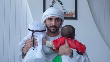 Sheikh Hamdan bin Mohammed, Crown Prince of Dubai, with his twins on National Day. Photo: Instagram
