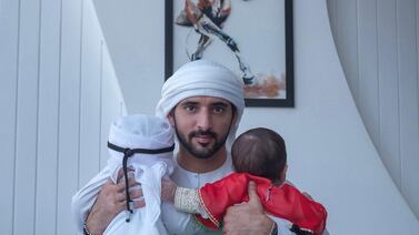 Sheikh Hamdan bin Mohammed, Crown Prince of Dubai, with his twins on National Day. Photo: Instagram