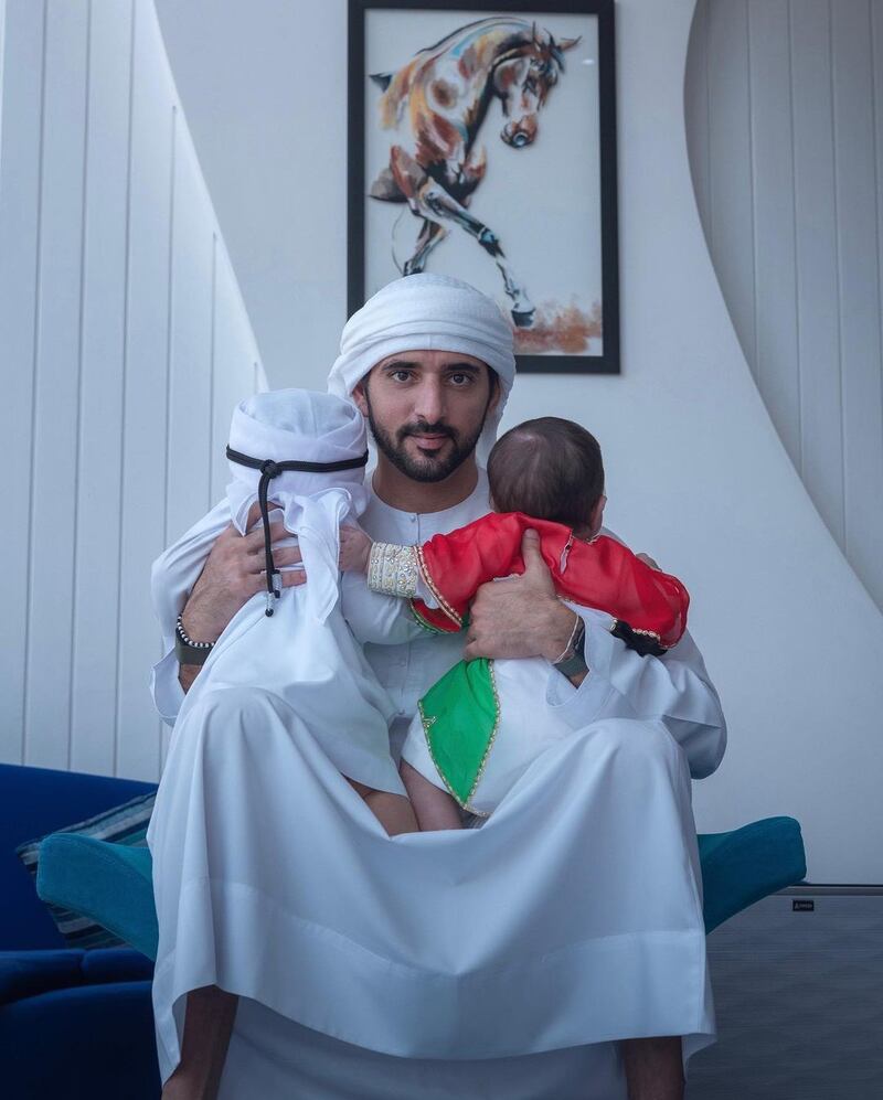 Sheikh Hamdan bin Mohammed, Crown Prince of Dubai, with his twins on National Day. Photo: Instagram