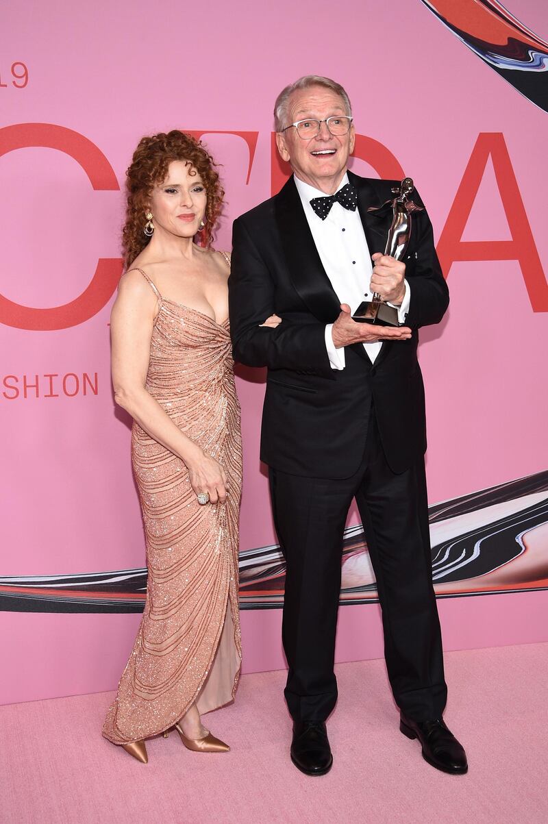 Bernadette Peters, and honoree Bob Mackie, winner of the the Geoffrey Beene Lifetime Achievement Award at the 2019 CFDA fashion awards at the Brooklyn Museum in New York City on June 3, 2019. AP