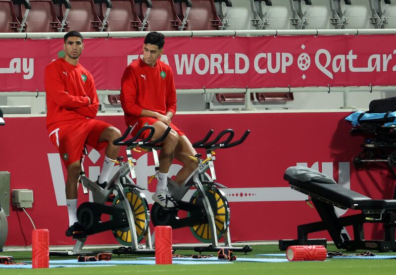 Achraf Hakimi and Nayef Aguerd during training in Doha. EPA