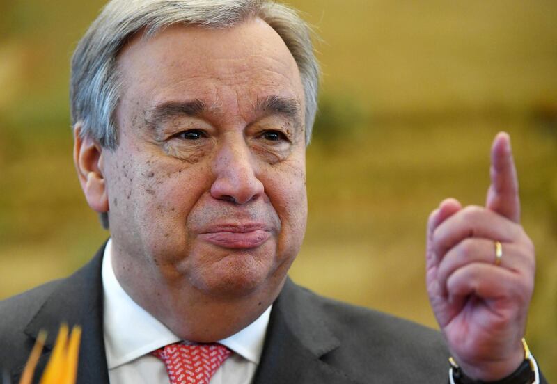 (FILES) In this file photo UN Secretary-General-designate Antonio Guterres speaks during a joint press briefing with China's Foreign Minister Wang Yi in Beijing on November 28, 2016. UN Secretary-General Antonio Guterres on May 27, 2020 bemoaned the failure to heed his call for a ceasefire in conflicts around the world to aid the fight against COVID-19. "A global ceasefire would create conditions for a stronger response to the pandemic and the delivery of humanitarian aid to the most vulnerable people," he said.
 / AFP / Greg Baker
