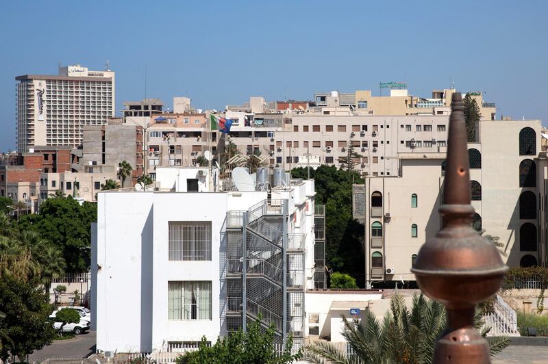 epa06991884 The Italian embassy building is seen from the rooftop of Al-Waddan Hotel after a rocket fired by unknown militants fell over the hotel in Tripoli, Libya, 01 September 2018 (issued 02 September 2018). According to reports, rockets hit several parts of Tripoli on 01 September including the Al-Waddan Hotel, which is only 100 meters away from the Italian embassy, and Ben Ashour area near prime minister’s office as fighting renewed between rival factions in the capital. At least 39 people, including civilians, were killed in the fresh clashes that erupted over the past few days.  EPA/STR