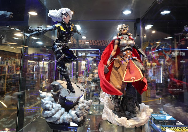 Dubai, United Arab Emirates - May 26, 2019: Photo Project. Black Cat (L) and Thor Jane Foster figure. Comicave is the WorldÕs largest pop culture superstore involved in the retail and distribution of high-end collectibles, pop-culture merchandise, apparels, novelty items, and likes. Thursday the 30th of May 2019. Dubai Outlet Mall, Dubai. Chris Whiteoak / The National