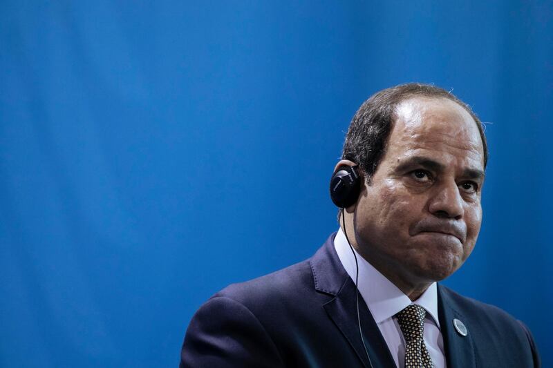 epa07131420 Egyptian President Abdel Fattah al-Sisi delivers a speech with German Chancellor Angela Merkel (not seen) during a press conference at the Chancellery in Berlin, Germany, 30 October 2018. Al-Sisi is in Germany for a four-day visit including a participation in the G20 Compact with Africa summit.  EPA/KAMIL ZIHNIOGLU