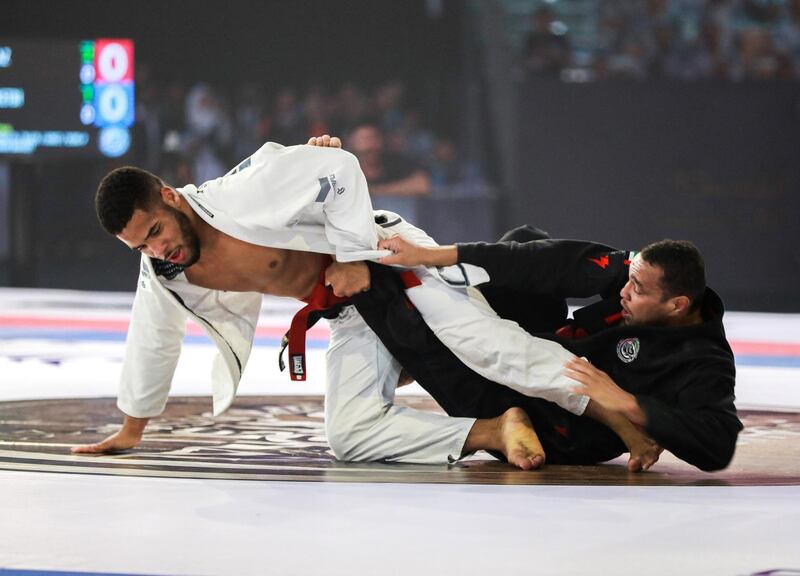 Abu Dhabi, Mubadala Arena, April 28, 2018.  AUH World Professional Jui-Jitsu Championship 2018.  FINALS.  Isaque Braz (BRA-red) VS. Faisal Al Ketbi (UAE-blue) 85 kg division.
Victor Besa / The National
Sports
Reporter:  Amith Passela