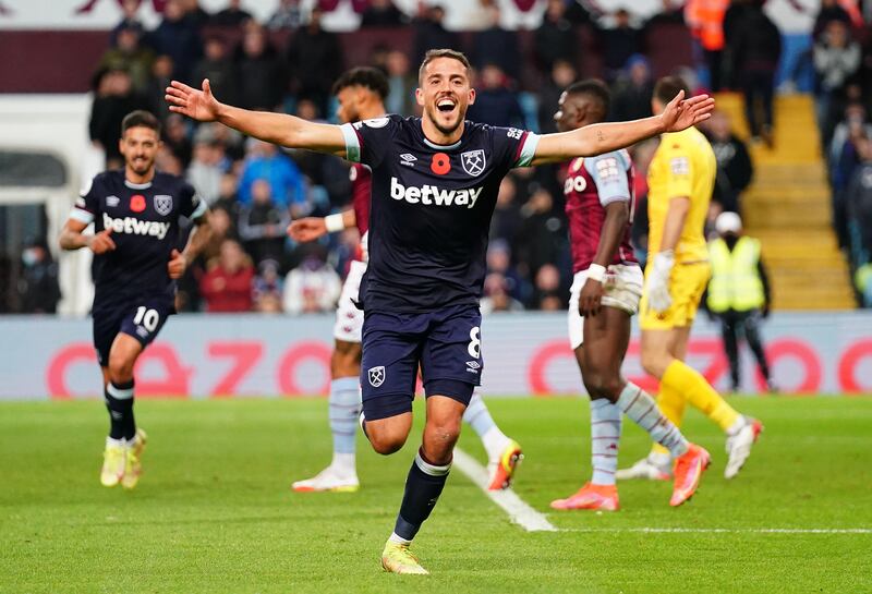 West Ham United's Pablo Fornals celebrates scoring his side's third goal on Sunday. PA